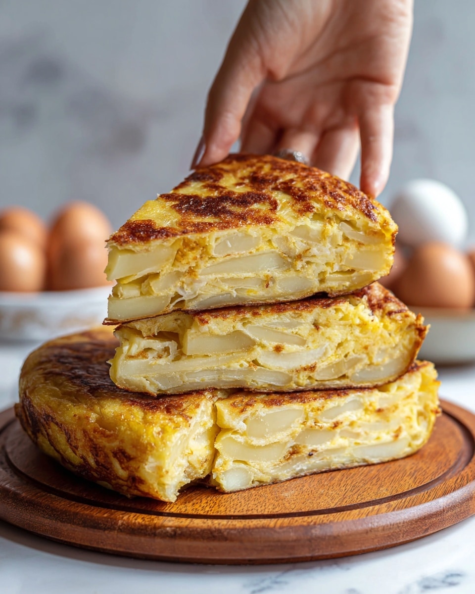 A stack of three thick slices of golden Spanish tortilla with visible layers of soft, light yellow cooked eggs and tender, pale potato slices inside, the top slice being held carefully by a woman's hand to show the textured inside. The edges of the tortilla are browned and slightly crisp, resting on a round wooden board against a background with white marbled texture, with softly blurred white dishes and a bowl of eggs in the background. photo taken with an iphone --ar 4:5 --v 7