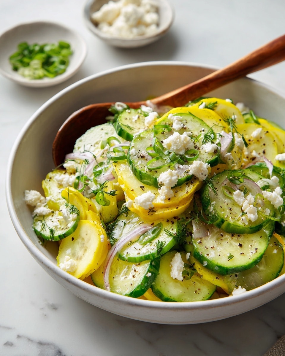 A white bowl filled with a fresh salad composed of three layers: large chunks of dark green cucumber with a smooth, wet texture form the base, mixed with bright yellow slices of cooked squash that have a slightly soft and charred look, topped with small white pieces of crumbled cheese scattered throughout, along with finely chopped green herbs and tiny bits of light purple onion adding color and texture on top; a wooden spoon is partly inside the bowl on the right side. In the background on a white marbled surface, two small white bowls hold chopped green herbs and more crumbled white cheese. Photo taken with an iphone --ar 4:5 --v 7
