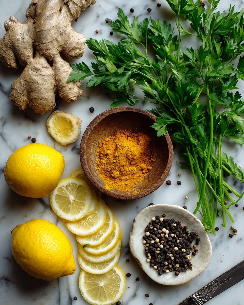 The image shows a white marbled surface with fresh ingredients placed on it. There is a large piece of ginger, pale brown and bumpy, on the left side. Towards the upper right, there is a bunch of fresh green parsley with vibrant leaves. Below the parsley, two whole bright yellow lemons rest next to half a lemon, which has been sliced and shows its juicy interior. To the bottom left, there are thin lemon slices arranged in a row. In the center, there is a small wooden bowl filled with bright orange turmeric powder. Close to it, a tiny white ceramic bowl contains mixed black and white peppercorns. Scattered peppercorns and a small metal knife with some turmeric near its blade add texture and detail to the scene. photo taken with an iphone --ar 4:5 --v 7