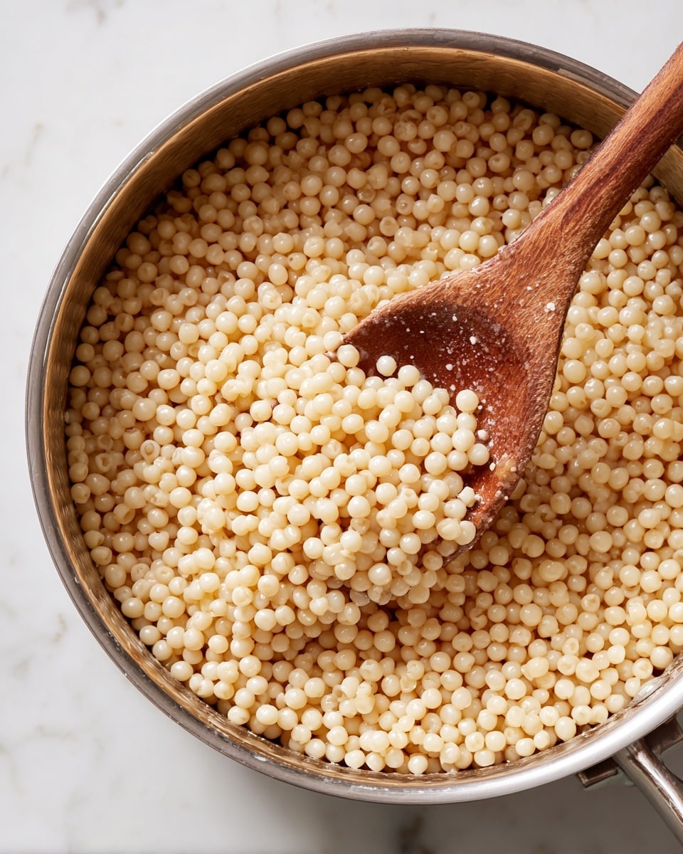 A close-up view of a large metal pot filled with small, round pasta pearls that are light beige and creamy in color, showing a soft and smooth texture. The pot is resting on a white marbled surface. Inside the pot, a wooden spoon with a smooth, slightly worn surface is partially submerged in the pasta, angled from the bottom right side. The image captures the pasta evenly spread across the pot, with some pearls gathered on the spoon. photo taken with an iphone --ar 4:5 --v 7