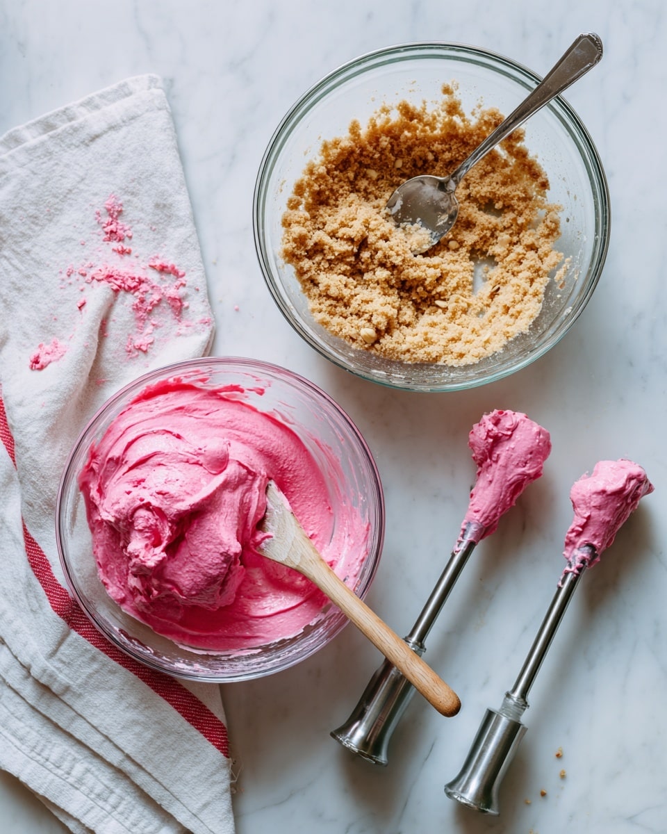 The image shows two clear glass bowls on a white marbled surface. The top bowl is filled with a crumbly, light brown mixture with visible small pieces of nuts, and a metal spoon rests inside it. The bottom bowl contains a fluffy, bright pink creamy substance with a wooden spatula partially dipped in it. To the right of the bowls, there are two metal mixer beaters coated with the same pink cream, lying next to a white cloth with red stripes. Some crumbs are scattered lightly on the white marbled surface around the bowls. Photo taken with an iphone --ar 4:5 --v 7