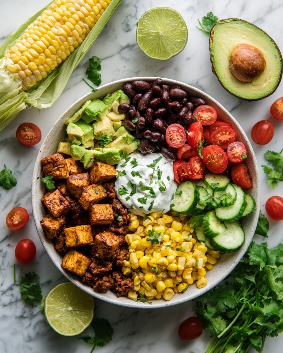 In a white bowl, the dish is arranged in colorful, neat sections on a white marbled surface. There are seven layers: bright yellow corn kernels at the top right, dark black beans beside them, juicy red cherry tomatoes cut in half on the right, browned seasoned tofu pieces at the bottom right, fresh green cucumber pieces at the bottom left, brown cooked ground meat next to the cucumber on the left, and chunky avocado slices at the top left. In the center, there is a dollop of white sour cream topped with green herbs. A lime wedge is placed near the avocados inside the bowl. Around the bowl, there is a cut avocado with the seed showing, a lime half, scattered cherry tomatoes, a fresh corn cob, and sprigs of green cilantro. The light is bright and natural, giving everything a fresh and healthy feel photo taken with an iphone --ar 4:5 --v 7