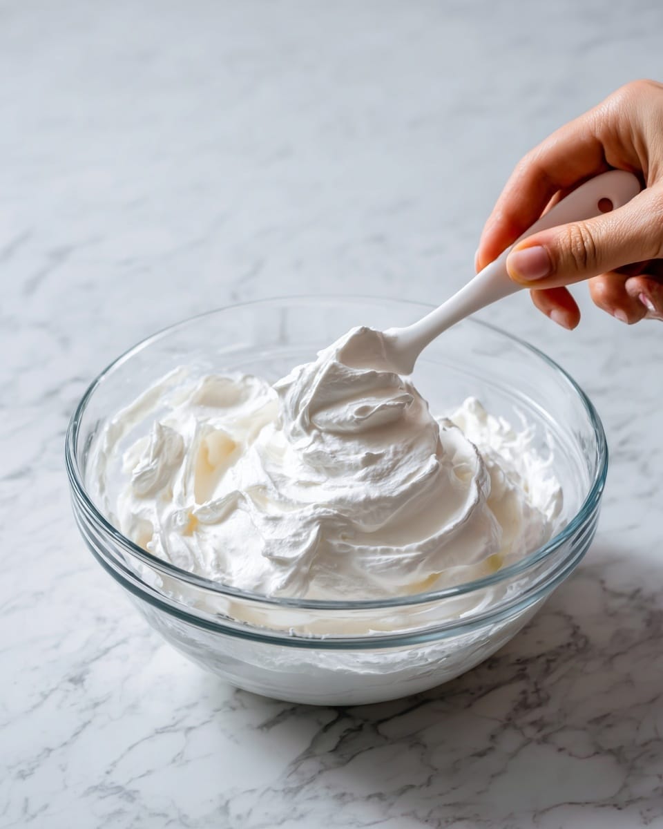 A clear glass bowl filled with white, fluffy whipped cream, showing soft, smooth, and airy texture. A woman's hand is holding the bowl from the bottom right side, and a white spatula is stirring the whipped cream inside. The bowl is placed on a white marbled surface. The scene looks light and clean, with focus on the creamy mixture and the motion of mixing. photo taken with an iphone --ar 4:5 --v 7