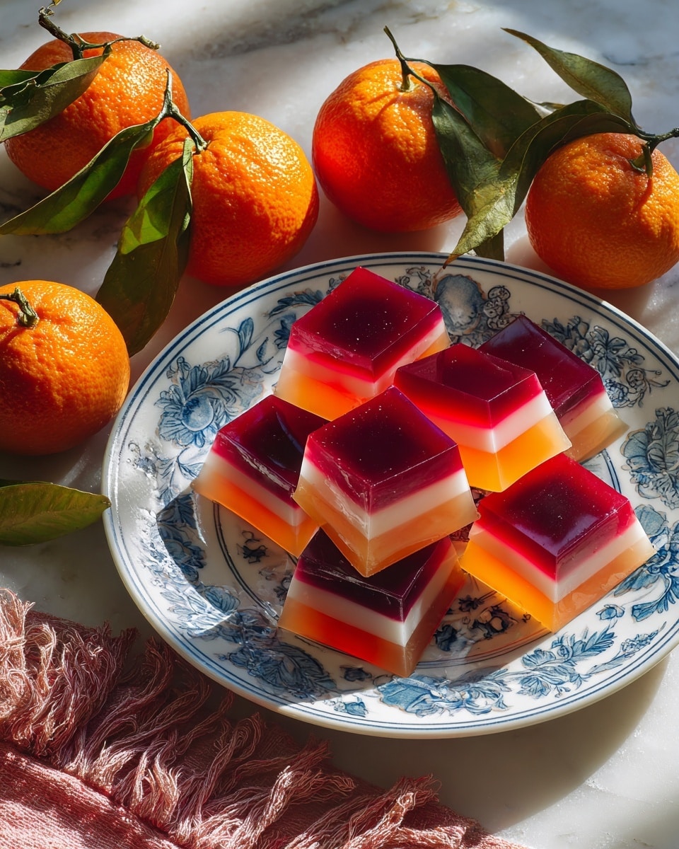Three white bowls with blue floral patterns hold colorful layered jelly desserts on a white marbled surface. The top left bowl contains red and orange square jelly pieces with clear stripes arranged neatly. The top right plate has dark purple heart-shaped jellies, each with a faceted texture that makes them sparkle. The bottom bowl, held by a woman's hand wearing a pink sweater, holds yellow and white layered jelly squares stacked casually. Around the bowls, there are two small oranges with green leaves. The scene is bright with natural sunlight, highlighting the shiny textures of the jelly desserts. photo taken with an iphone --ar 4:5 --v 7