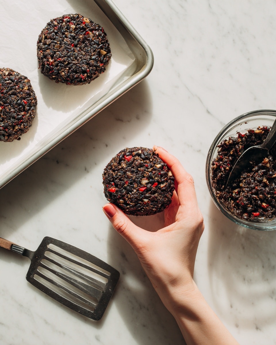 A woman's hand is shaping a dark, chunky black bean patty with visible bits of black beans and red specks in the center of the image. Two similar patties rest on a white baking tray at the top left. To the right, there is a glass bowl filled with the black bean mixture and a black spoon. A metal spatula with slots lies on the white marbled surface to the left. The overall scene is bright and clean with the white marbled background visible. Photo taken with an iphone --ar 4:5 --v 7