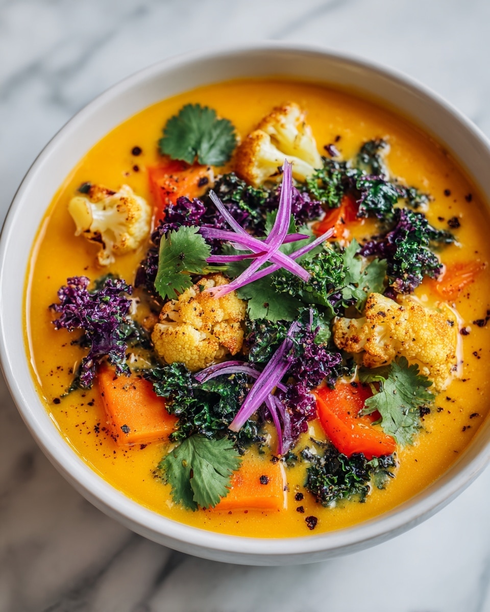A bowl filled with bright orange soup forms the base layer, with chunks of light orange carrots, pale yellow cauliflower, and red bell pepper pieces floating in it. On top of this, green celery sticks and dark leafy greens create a textured mid-layer. Thin purple and white onion sticks, along with scattered black pepper flakes and light green herb leaves, sit on the uppermost layer, adding color and detail. The bowl is white, placed on a white marbled surface, and the photo is taken with an iphone --ar 4:5 --v 7