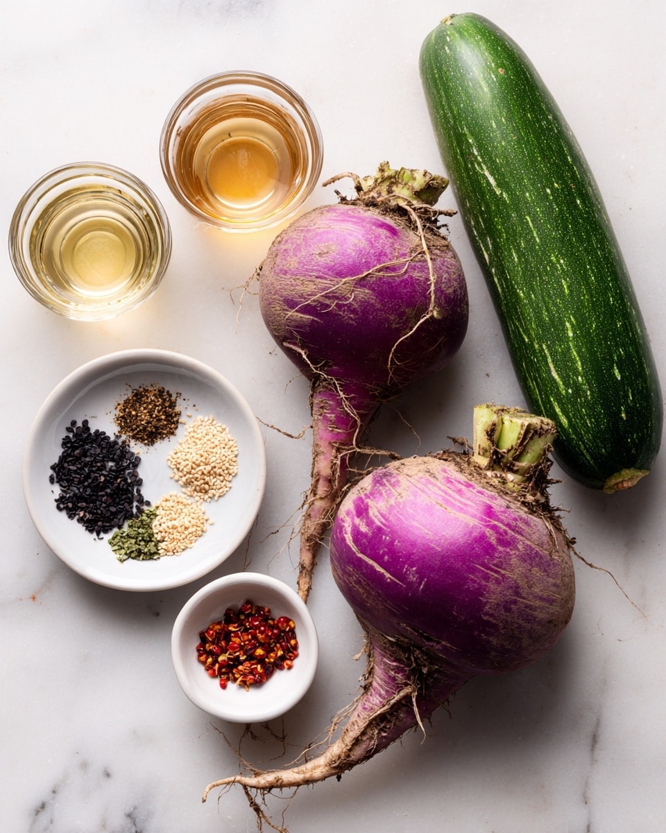 Two large purple radishes with rough skin and roots are placed on a white marbled surface, positioned near a long, shiny green cucumber. Next to the vegetables are two small glass cups, one with a clear liquid and the other with a light brown liquid. On the left side rests a white bowl holding five spices arranged in small groups: black sesame seeds, crushed black pepper, white salt, sesame seeds, and red chili flakes. The scene is bright and clean, with no other items visible, photo taken with an iphone --ar 4:5 --v 7