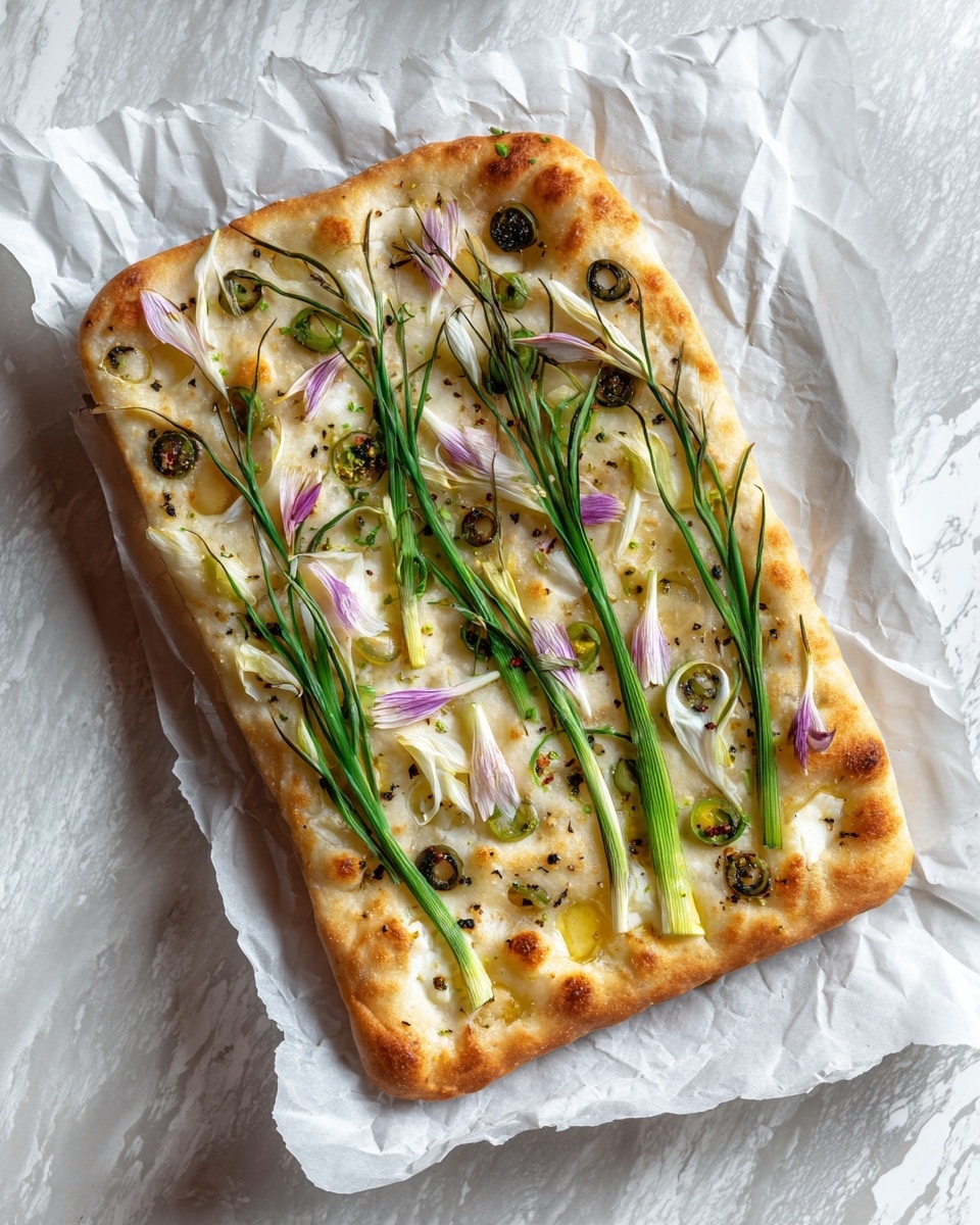 A rectangular focaccia bread with a light golden brown crust and a slightly rough texture, topped with thin slices of pale purple onions that have a delicate, translucent look. Long, green, slightly wilted scallion stalks are laid out like stems, alongside small round black olive slices scattered evenly across the surface. There are tiny, dark seasoning specks sprinkled across the bread. The focaccia rests on crinkled white paper against a white marbled surface. photo taken with an iphone --ar 4:5 --v 7