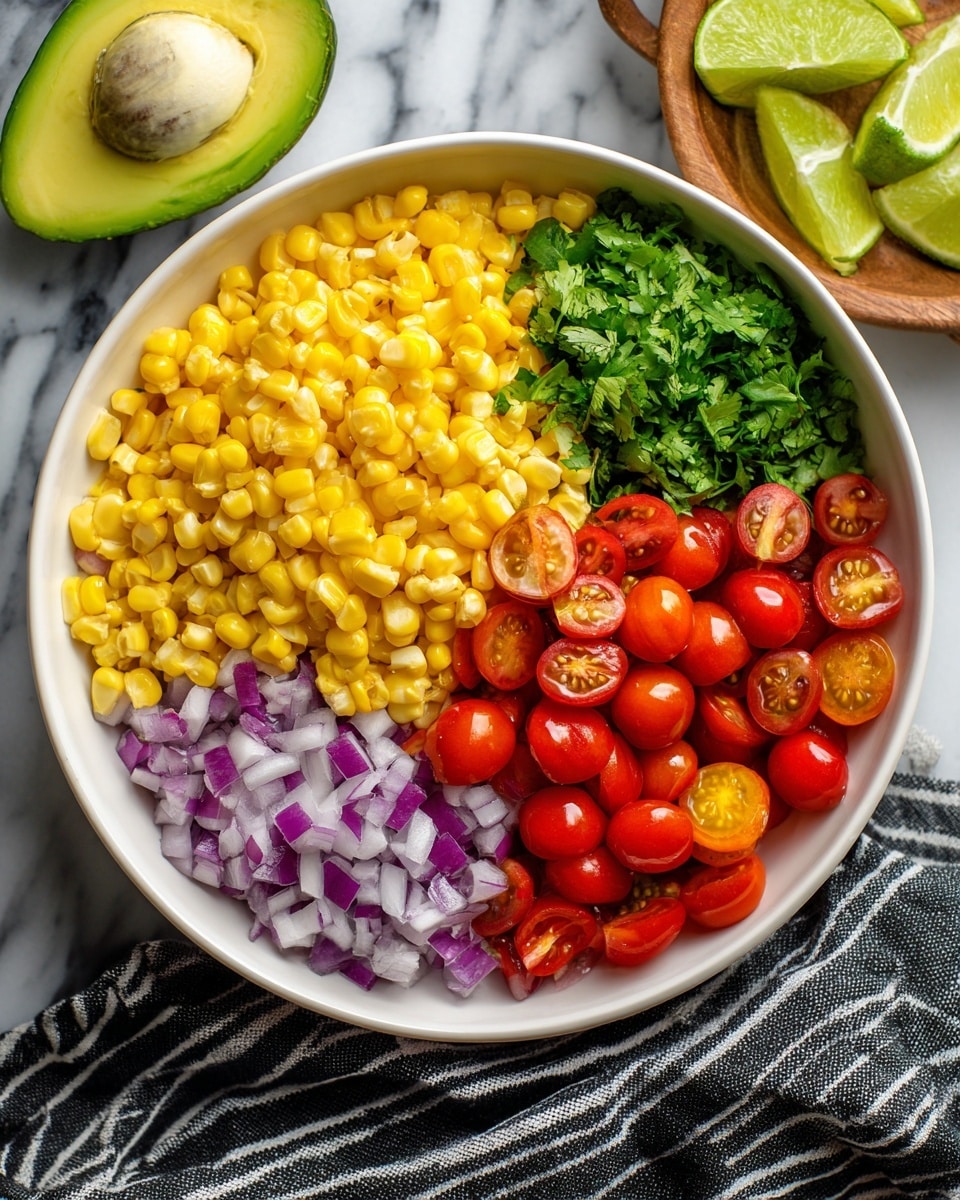 A white bowl filled with four main layers, starting with a large pile of bright yellow corn kernels on the top half, a bunch of bright red cherry tomatoes on the right side, a small pile of chopped purple onions on the bottom left, and a heap of chopped green cilantro next to the onions on the left. The bowl sits on a white marbled surface with a dark striped cloth napkin nearby, half of an avocado with a brown pit and another half without a pit placed in the background, along with a wooden bowl holding lime wedges. photo taken with an iphone --ar 4:5 --v 7