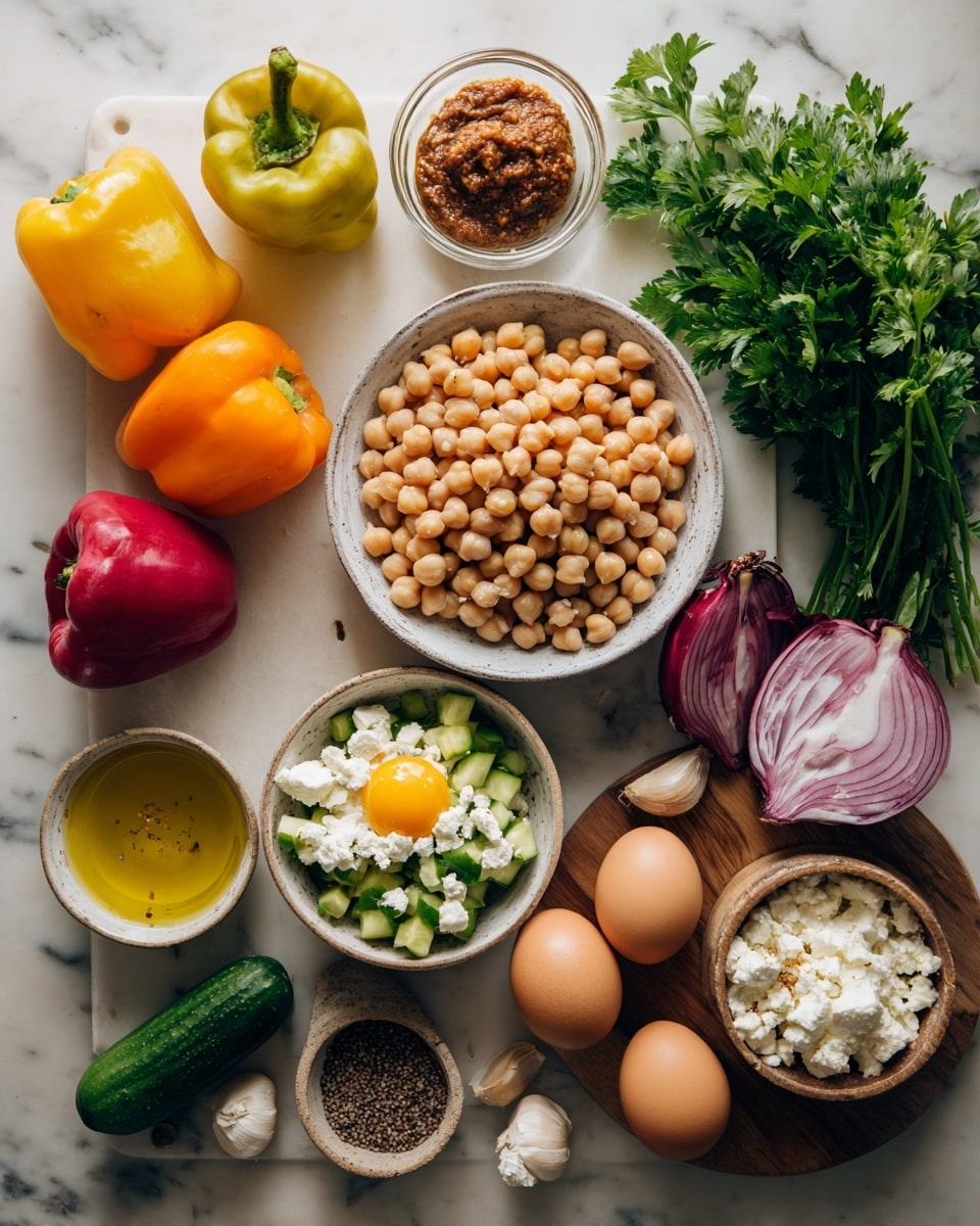The image shows an arrangement of fresh ingredients on a white marbled surface. At the center, there is a bowl filled with light brown chickpeas. Surrounding it, there are multiple small bowls; one contains a raw egg yolk in clear liquid, another has chopped green cucumber mixed with white cheese, and a third holds a reddish-brown paste. Nearby, there is a small bowl with dry, dark seeds. To the left of the bowls are three small colorful bell peppers in yellow, orange, and red shades, with a whole white onion and a bunch of fresh green parsley placed vertically. On the right side, three whole brown eggs rest on a small wooden board. Also visible are two whole red onions, one half onion showing white and purple layers, and two small white garlic bulbs on the top right corner. A small bowl of olive oil is positioned at the bottom left. The whole setup is bright and neatly arranged, with natural light emphasizing the fresh textures. Photo taken with an iphone --ar 4:5 --v 7