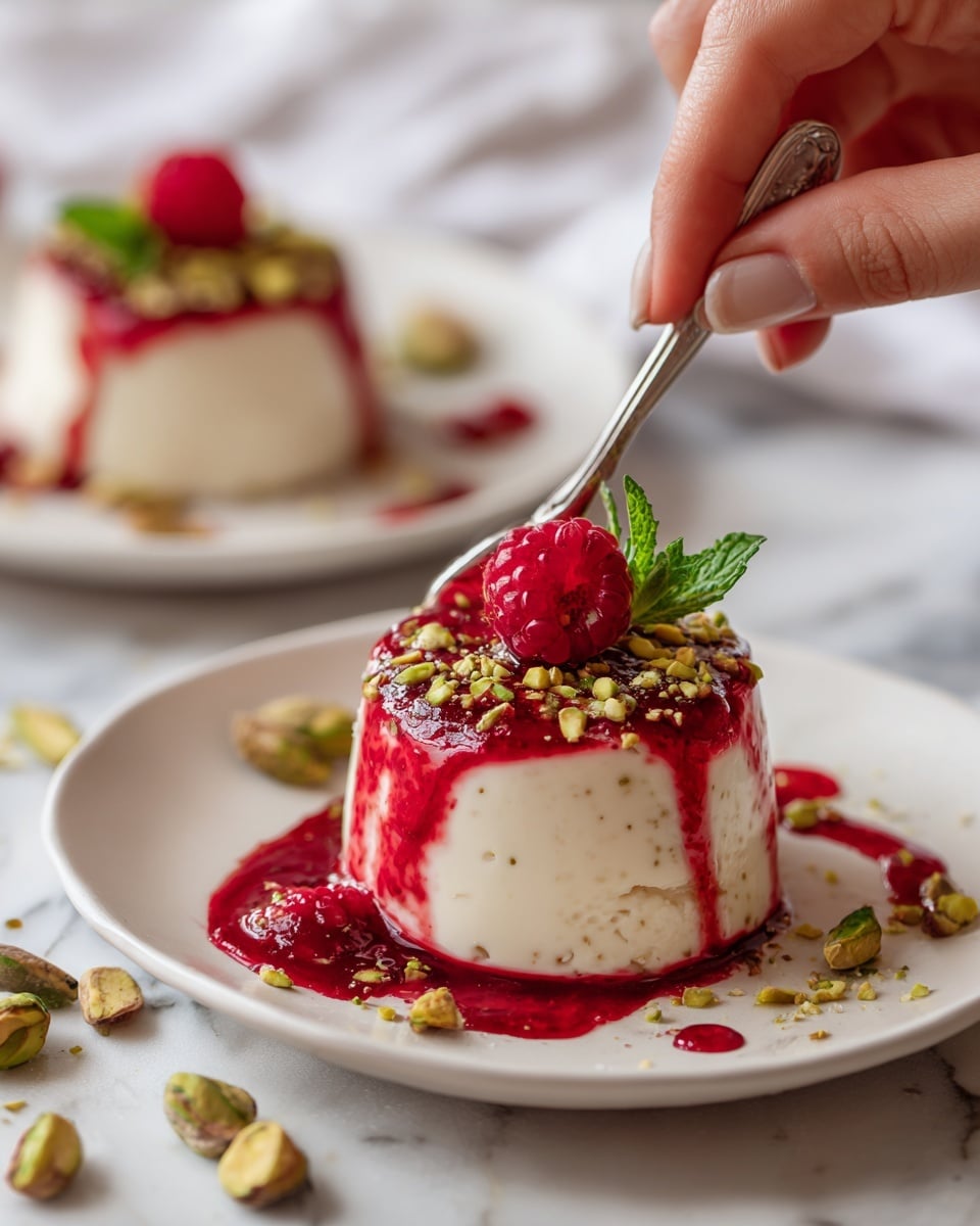 A small white panna cotta sits in the center of a white plate on a white marbled surface. The panna cotta has a smooth, creamy texture with visible vanilla specks and is topped with bright red raspberry sauce that drips down the sides onto the plate. On top of the sauce is a fresh red raspberry and a small green mint leaf. Crushed green pistachios are sprinkled around the panna cotta and on top, adding texture and color contrast. In the blurred background, there is another similar dessert also on a white plate. photo taken with an iphone --ar 4:5 --v 7