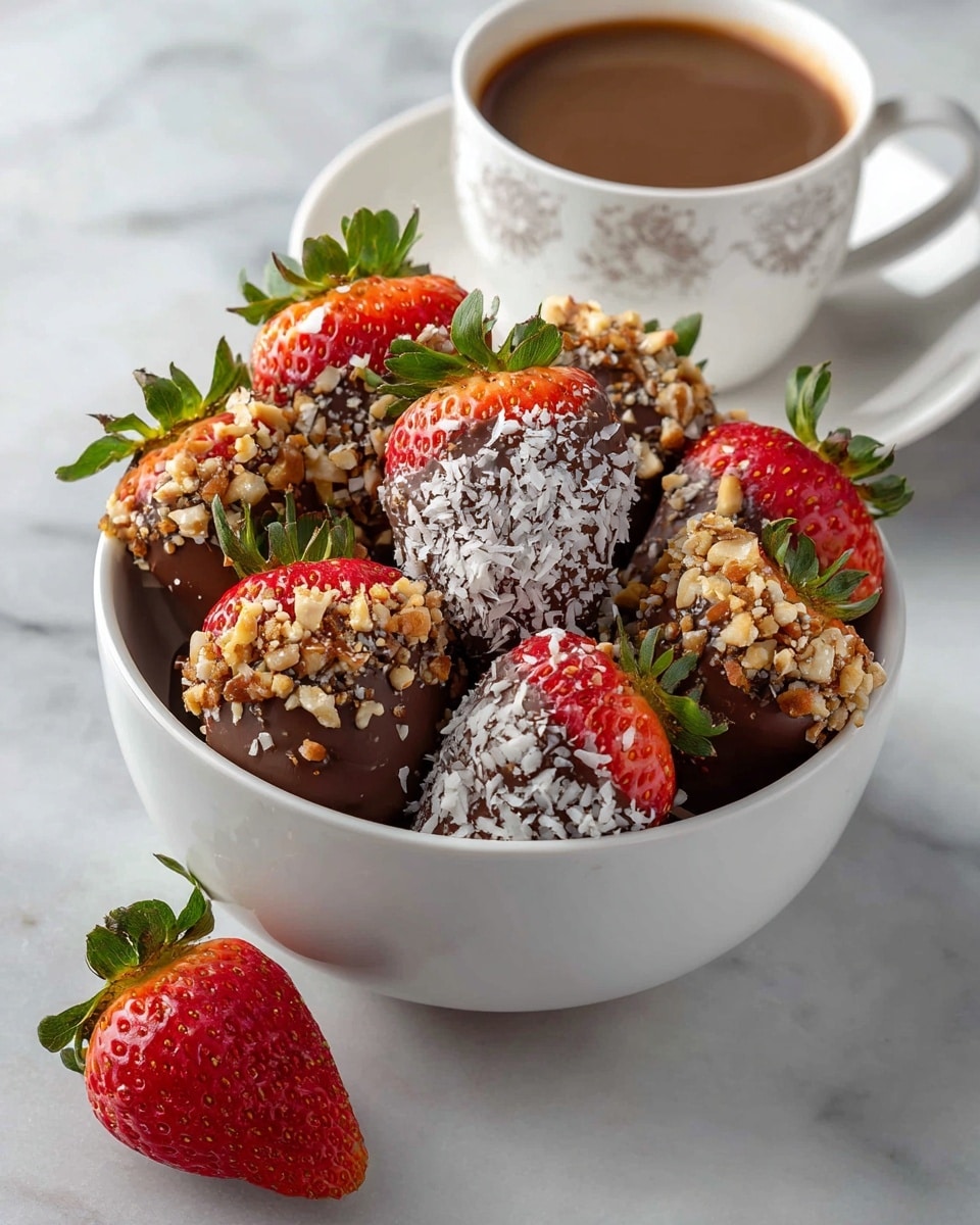 A white bowl is full of fresh red strawberries covered in dark chocolate. Some strawberries are dipped halfway in chocolate and rolled in white coconut flakes, while others are dipped and rolled in small chopped nuts. The green leafy tops of the strawberries are bright and fresh, sticking out clearly. One strawberry sits outside the bowl on a white marbled surface. In the top right corner, there is a white cup filled with light brown coffee. photo taken with an iphone --ar 4:5 --v 7