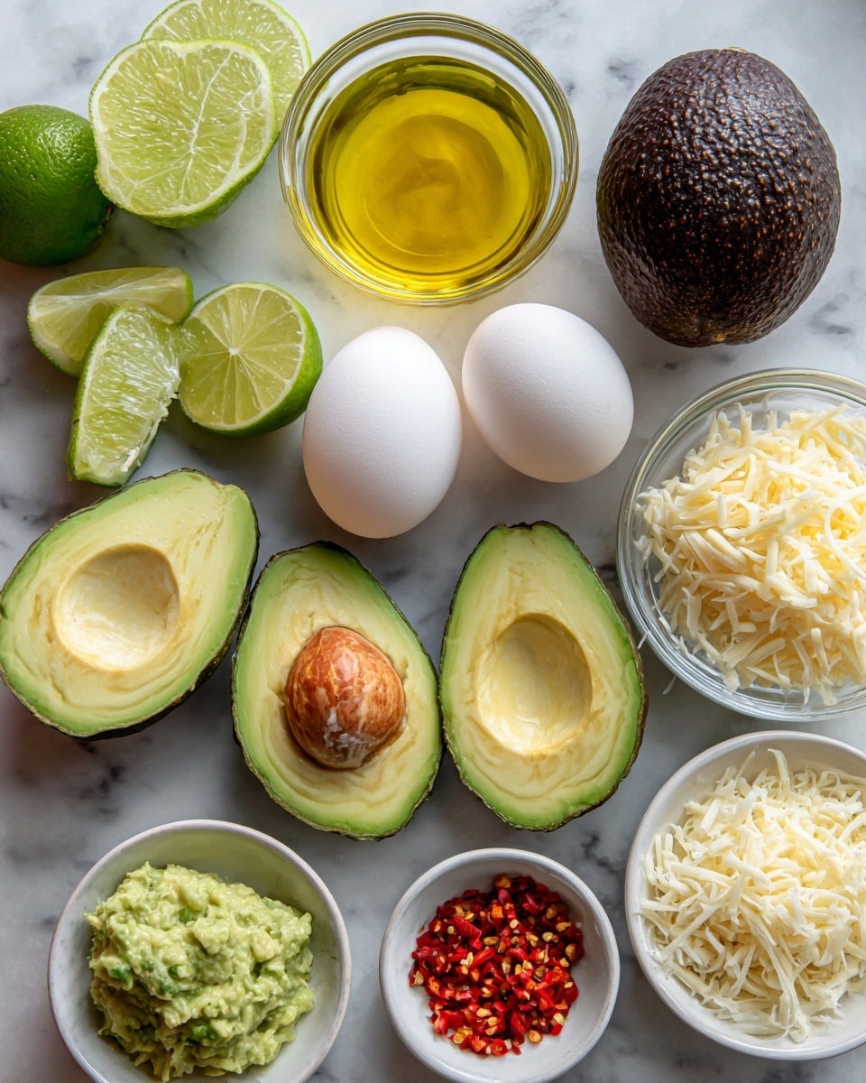 The image shows some ingredients arranged on a white marbled surface. Starting from the top left, there are lime wedges with bright green skin and light green flesh. Next to it is a small clear glass bowl filled with a yellow liquid, likely oil. On the top right side, there is a whole avocado with dark, rough skin. Below the avocado, two white eggs are placed side by side. In the middle, two avocado halves with brown seeds inside and smooth green flesh are shown. Below, there are two more avocado halves without seeds. Around these are small white bowls; one contains a green avocado mash with lime wedges on top, another has red chili flakes, a third holds shredded white cheese, and one more has a white crumbly ingredient, possibly cheese. The overall color palette is earthy with greens, whites, yellow, and hints of red. The photo is taken with an iphone --ar 4:5 --v 7