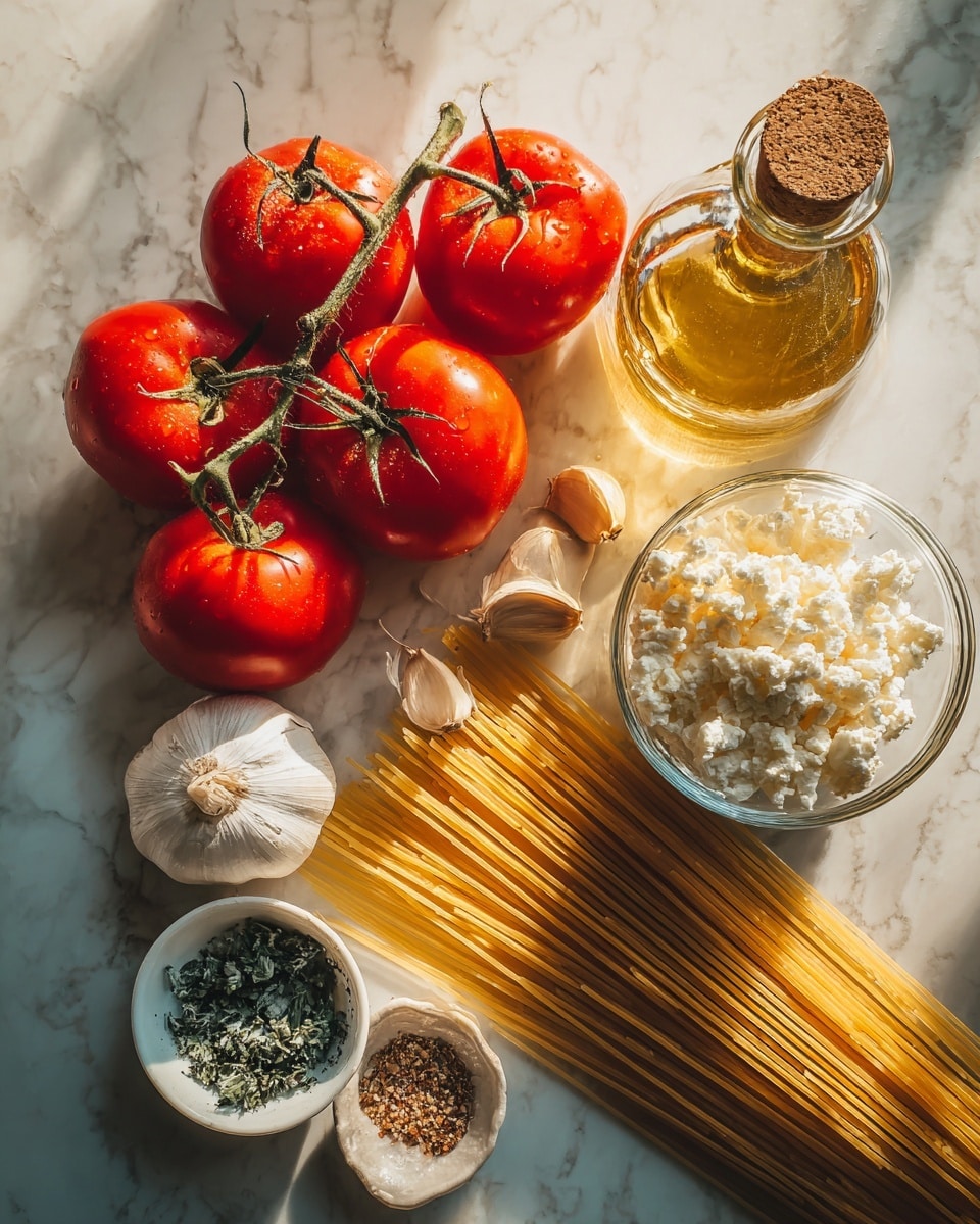A bunch of bright red tomatoes on the vine sits on the top left, next to a clear glass bottle filled with golden olive oil with a cork top. To the right of the bottle is a small glass bowl filled with white soft cheese. Below the cheese bowl, there is a pile of long, uncooked yellow spaghetti strands fanned out on the white marbled surface. To the left of the spaghetti, there is a head of garlic with several loose garlic cloves scattered nearby. At the bottom left corner is a small white bowl holding green herbs and white grated cheese or salt. Near the center is a small glass bowl containing a spice mix. The whole setting is softly lit by warm natural light. photo taken with an iphone --ar 4:5 --v 7