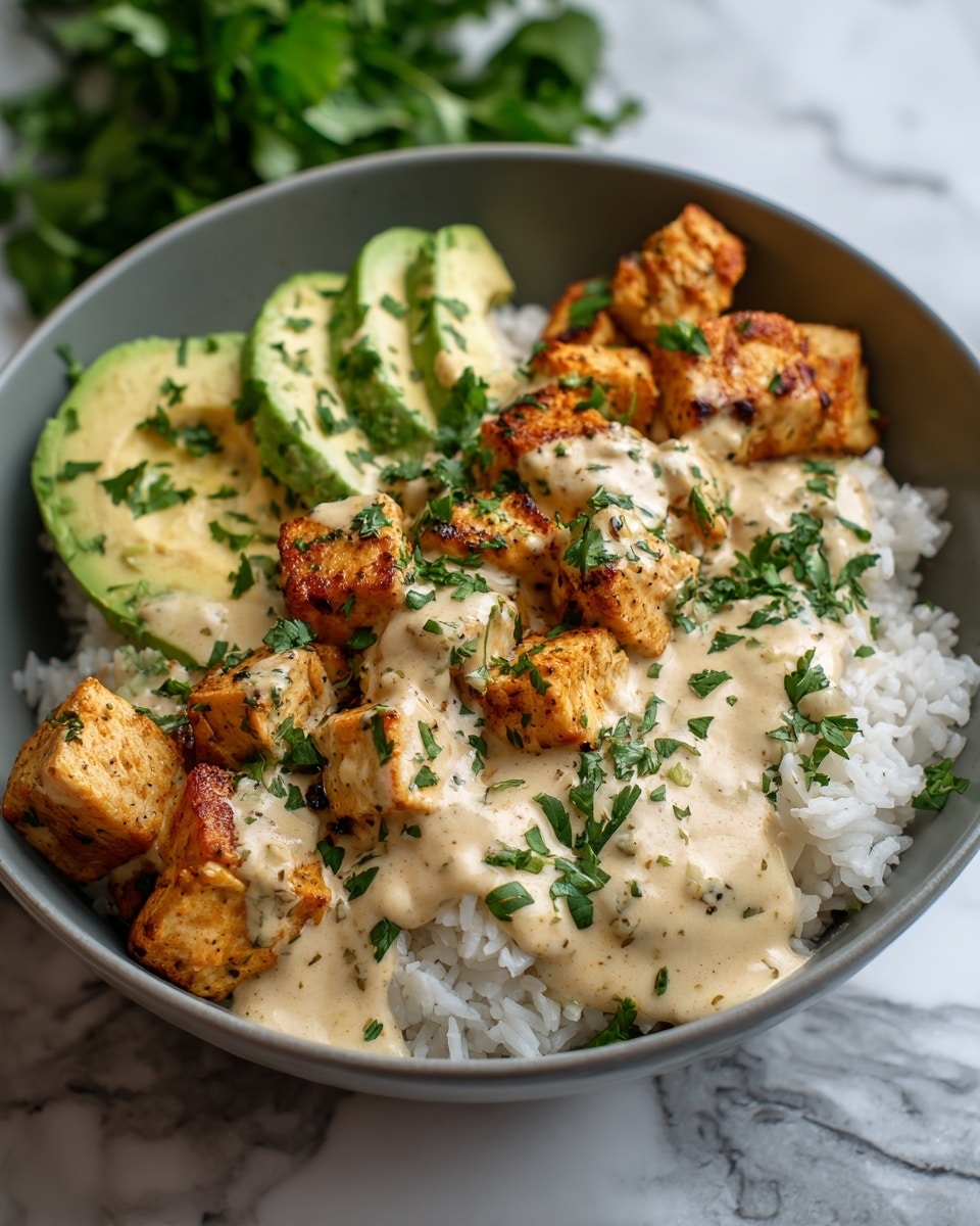 A bowl with three layers: on the left side, fluffy white rice sprinkled with small green herb pieces; in the middle, golden-brown grilled chicken cubes covered in a creamy beige sauce with visible black specks and chopped green herbs on top; on the right side, three slices of bright green avocado fanned out neatly. The bowl is white with brown speckles on the inside and sits on a white marbled surface. Photo taken with an iphone --ar 4:5 --v 7
