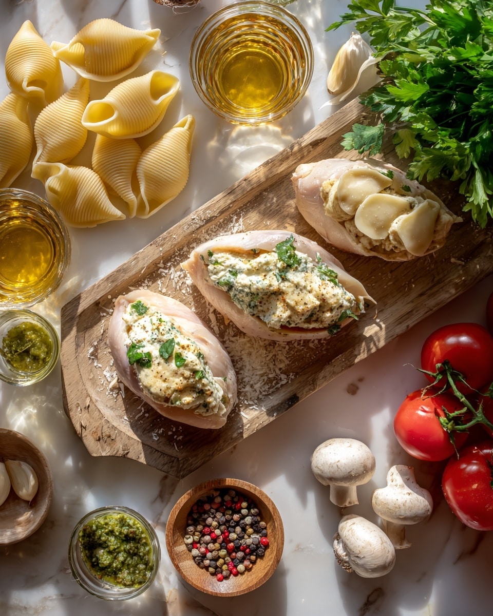 The image shows a wooden board on a white marbled surface holding two raw chicken pieces, each topped with a different creamy filling, one with a green herb mix and the other with a white soft cheese. Around the chicken, there are large pasta shells positioned in the upper middle, fresh parsley bunch in the top right corner, and a small cluster of bright red tomatoes on the vine in the bottom right. Scattered around the board are whole white mushrooms and multi-colored peppercorns in a small wooden bowl. There are also three clear glass bowls containing golden liquids, a garlic bulb with loose cloves beside it, and a small bowl with a green pesto-like sauce near the bottom left. The lighting is natural, highlighting textures and colors. Photo taken with an iphone --ar 4:5 --v 7