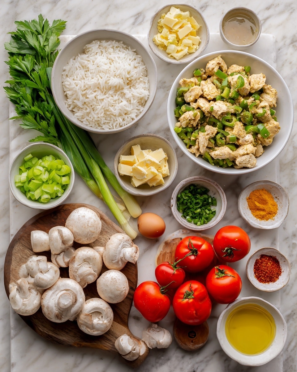 The image shows an overhead view of several bowls and ingredients neatly placed on a white marbled surface. At the center are two white bowls, one filled with plain white rice and the other with chopped cooked chicken mixed with green bell peppers. Surrounding these are fresh whole red tomatoes grouped together on the lower right, and white mushrooms along with long green onions and fresh parsley on the left side. There are also small bowls with chopped celery and green bell pepper, and small dishes containing yellow butter cubes, bright yellow oil, salt, chili flakes, and orange spice powder. A single egg lies near the parsley. All items are arranged carefully on and around a small wooden board. Photo taken with an iphone --ar 4:5 --v 7