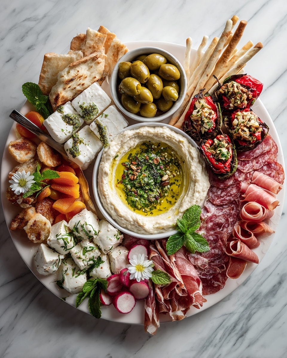 A close-up view of a white plate on a white marbled surface holding a colorful Mediterranean-style platter. In the center is a thick layer of creamy beige hummus with a small well filled with golden olive oil and sprinkled fresh green herbs with a mint leaf on top. Around the hummus, starting from the top left, are pale artichoke hearts, bright red stuffed cherry peppers filled with white cheese, a small bowl filled with shiny green olives mixed with herbs and garlic cloves sitting on the plate's edge, roasted red pepper strips with a soft texture, dark red sun-dried tomato slices, and white feta cheese cubes with green herb pieces. On the white marbled surface near the plate are whole and halved apricot-colored fruits. The lighting is natural and warm. Photo taken with an iphone --ar 4:5 --v 7