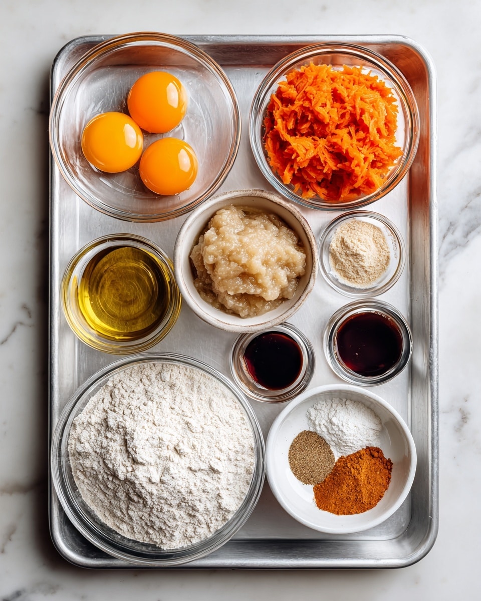 A metal tray on a white marbled surface holds an arrangement of clear glass bowls with various baking ingredients. At the top left, a bowl contains three bright orange egg yolks in clear egg whites. Next to it, a bowl of pale, chunky apple sauce sits at the top center. To the right, a bowl holds light tan almond flour. Below the eggs, a small bowl of golden oil is placed next to a bowl of light brown sugar with a granulated texture. Below those, a white sugar bowl sits beside a small glass container of dark vanilla extract. In the lower center, a large bowl of white gluten-free flour mixed with baking powder, soda, and salt shows a powdery texture. To its right, a small white bowl holds a blend of brownish spices. Above this, a large glass measuring cup contains bright orange grated carrots with a moist texture. All bowls and containers are neatly arranged with labels floating above each ingredient. photo taken with an iphone --ar 4:5 --v 7