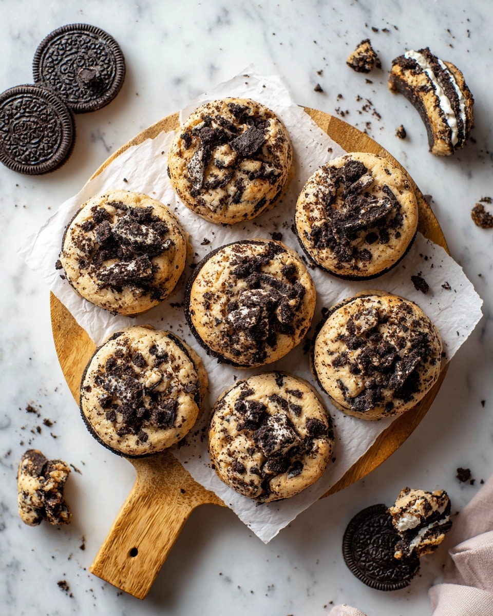 The image shows a wooden board with white parchment paper holding seven cookies. Each cookie is light golden brown with a soft texture, covered with black cookie crumbs and chunks mixed into the dough and on top. Crumbled dark chocolate pieces are scattered around the cookies on the parchment paper. To the left and right of the board, whole black sandwich cookies with white cream filling are placed on a white marbled surface, along with some small chocolate pieces. A rustic brown carton with a white egg is visible at the top right corner. photo taken with an iphone --ar 4:5 --v 7