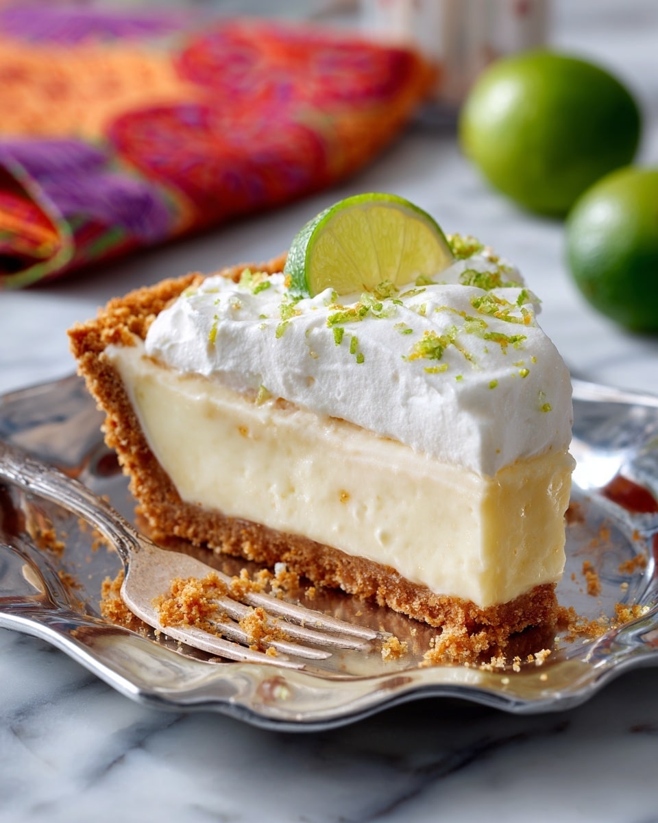 A slice of key lime pie sits on a shiny silver plate with curved edges on a white marbled surface. The pie has three visible layers: a crumbly golden-brown crust at the bottom and sides, a thick smooth pale yellow filling in the middle, and a fluffy white whipped cream topping with small green lime zest scattered on top. A small thin slice of bright green lime rests on the whipped cream. A silver fork with pie crumbs and filling is placed at the bottom left of the plate. In the background, there is a blurry colorful napkin with red, orange, and purple patterns, and two green limes at the bottom left of the image. Photo taken with an iphone --ar 4:5 --v 7