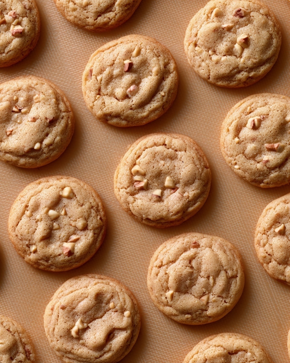 A close-up view of soft, round cookies arranged in neat rows on a tan silicone baking mat. Each cookie is golden-brown with slightly raised centers and visible small pieces of nuts or dried fruit throughout, giving a textured look. The cookies have subtle cracks and an even, smooth surface with a soft appearance. The background is a white marbled texture. photo taken with an iphone --ar 4:5 --v 7