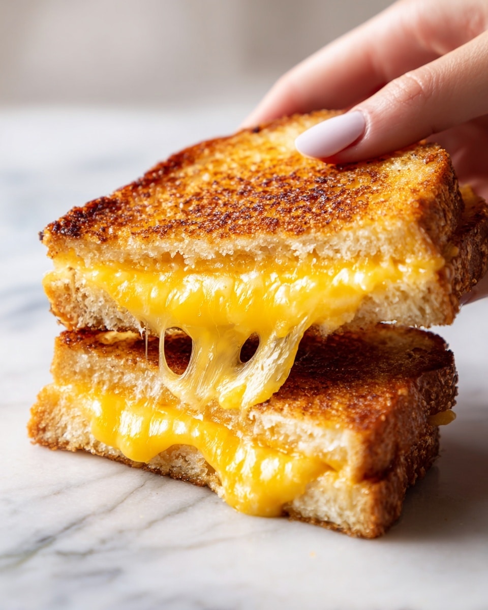 A close-up of a grilled cheese sandwich with two toasted bread layers, golden brown and crispy on the outside. Between the bread layers, melted bright yellow cheese stretches out as a woman's hand pulls one half of the sandwich slightly away from the other. The sandwich rests on a white marbled surface, and the focus is on the texture of the toasted bread and the gooey cheese inside. Photo taken with an iphone --ar 4:5 --v 7
