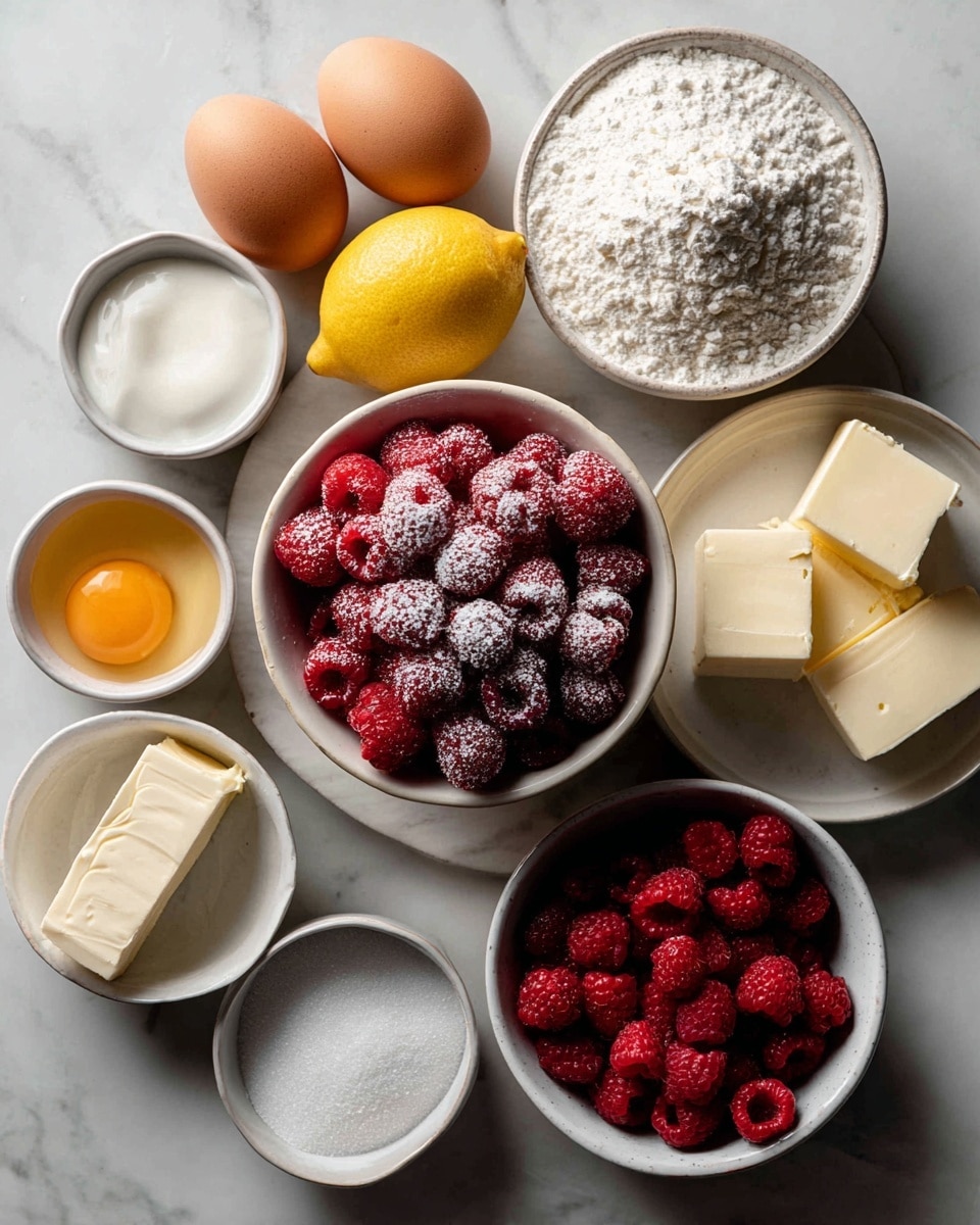 The image shows several white bowls and plates arranged on a white marbled texture surface, each containing different ingredients. In the center, there is a bowl filled with fresh red raspberries lightly dusted with powdered sugar. Around it, there are two lemons, a bowl of white flour, a bowl with four brown eggs, a plate holding two blocks of butter and one raw egg yolk, a small white bowl with an egg white, a small bowl of white granulated sugar, and another bowl filled with more fresh red raspberries. The ingredients are neatly organized and the lighting is soft and natural. photo taken with an iphone --ar 4:5 --v 7