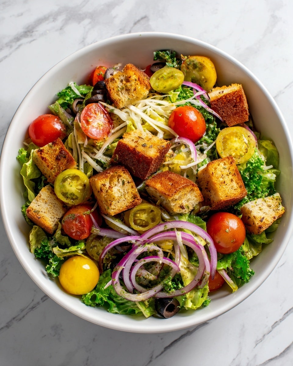 A white bowl holds a fresh salad with many layers: the bottom layer is green leafy lettuce and kale, mixed with thin slices of red onion. On top are halved, bright red cherry tomatoes and whole yellow-green peppers scattered around. Crunchy, golden brown croutons with herbs are spread evenly across the salad. There are also small pieces of black olives and thin white cheese strips mixed within. The salad dressing with herbs and oil gives a slight shine on the ingredients. The bowl is placed on a white marbled surface. photo taken with an iphone --ar 4:5 --v 7