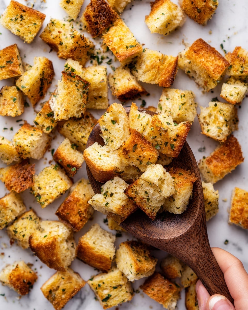 The image shows many small, uneven pieces of golden-brown bread spread out on a white marbled surface, each piece having a crispy texture with a sprinkle of green herbs. In the center bottom part lies a wooden spoon holding a small pile of these bread pieces. A woman's hand is gently holding the wooden spoon, lifting some bread pieces. Photo taken with an iphone --ar 4:5 --v 7
