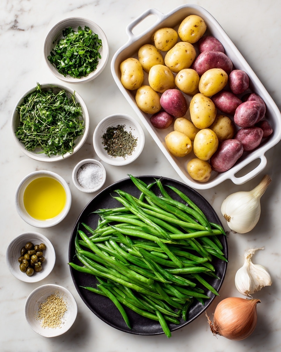 The image shows various fresh ingredients arranged on a white marbled surface. At the top right, a white rectangular dish is filled with two types of baby potatoes, larger red-skinned and smaller yellow-skinned. Below it, a black plate holds a neat pile of vibrant green beans, the long green pods lying side by side. To the left, two small white bowls contain chopped green herbs: one with parsley and the other with tarragon. Scattered around are small white bowls with golden olive oil, light greenish-white vinegar, and grainy mustard seeds. A separate white bowl holds dark green capers. A whole shallot with light brown skin rests to the right side. Lastly, a small white dish with black pepper and salt adds seasoning to the mix. The setup has a fresh and natural feel. Photo taken with an iphone --ar 4:5 --v 7
