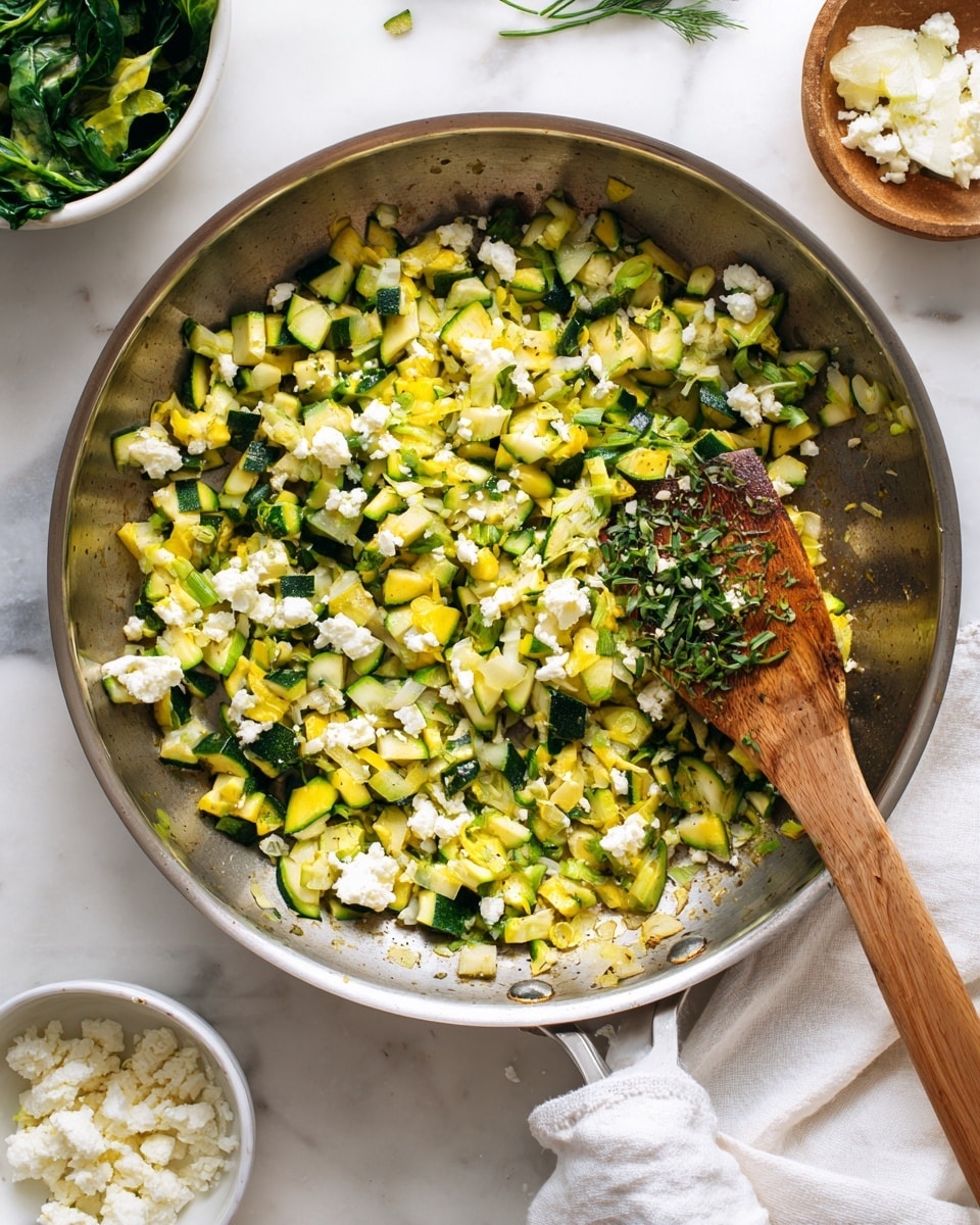 A stainless steel pan holds a mixture of chopped zucchini and yellow squash cubes, lightly cooked with bits of green herbs scattered throughout. On top of the vegetables, small white crumbles of cheese are sprinkled unevenly, adding texture contrast. A dark wooden spatula with finely chopped green herbs rests partially over the pan, showing a close-up view of the fresh ingredients. Around the pan is a white cloth and a small white bowl of additional cheese crumbles, set on a white marbled surface photo taken with an iphone --ar 4:5 --v 7