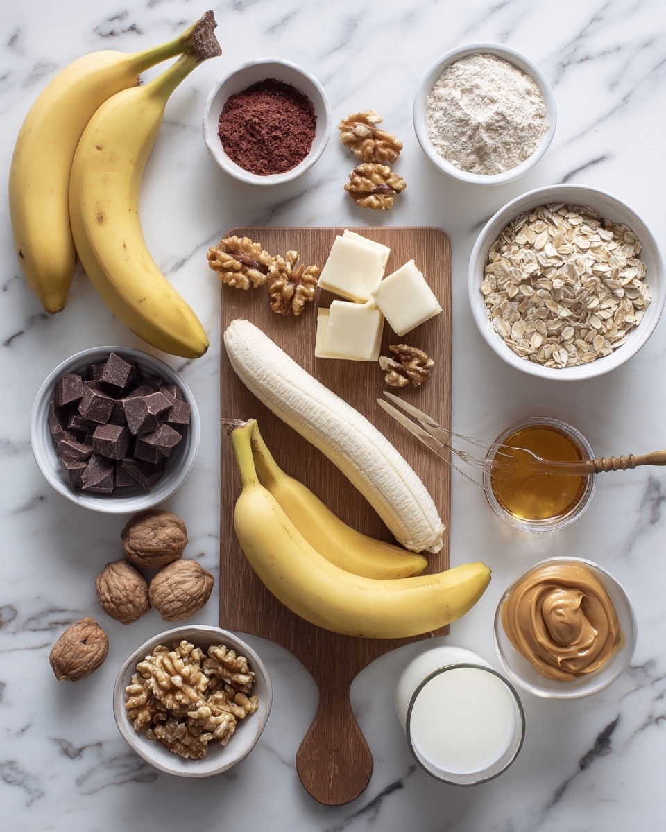 The image shows many ingredients arranged on a white marbled surface. There are two whole yellow bananas, one peeled and broken in half, placed on a wooden board with white square pieces of butter beside them. Small white bowls hold light brown flour, a reddish powder, and whole walnuts, with some nuts scattered outside the bowl. A woman’s hand-sized spoon rests in a white bowl of honey or syrup. Around the board are small bowls filled with dark chocolate chips, chopped dark chocolate squares, peanut butter in a glass bowl, rolled oats in a white bowl, and a glass of milk. Photo taken with an iphone --ar 4:5 --v 7