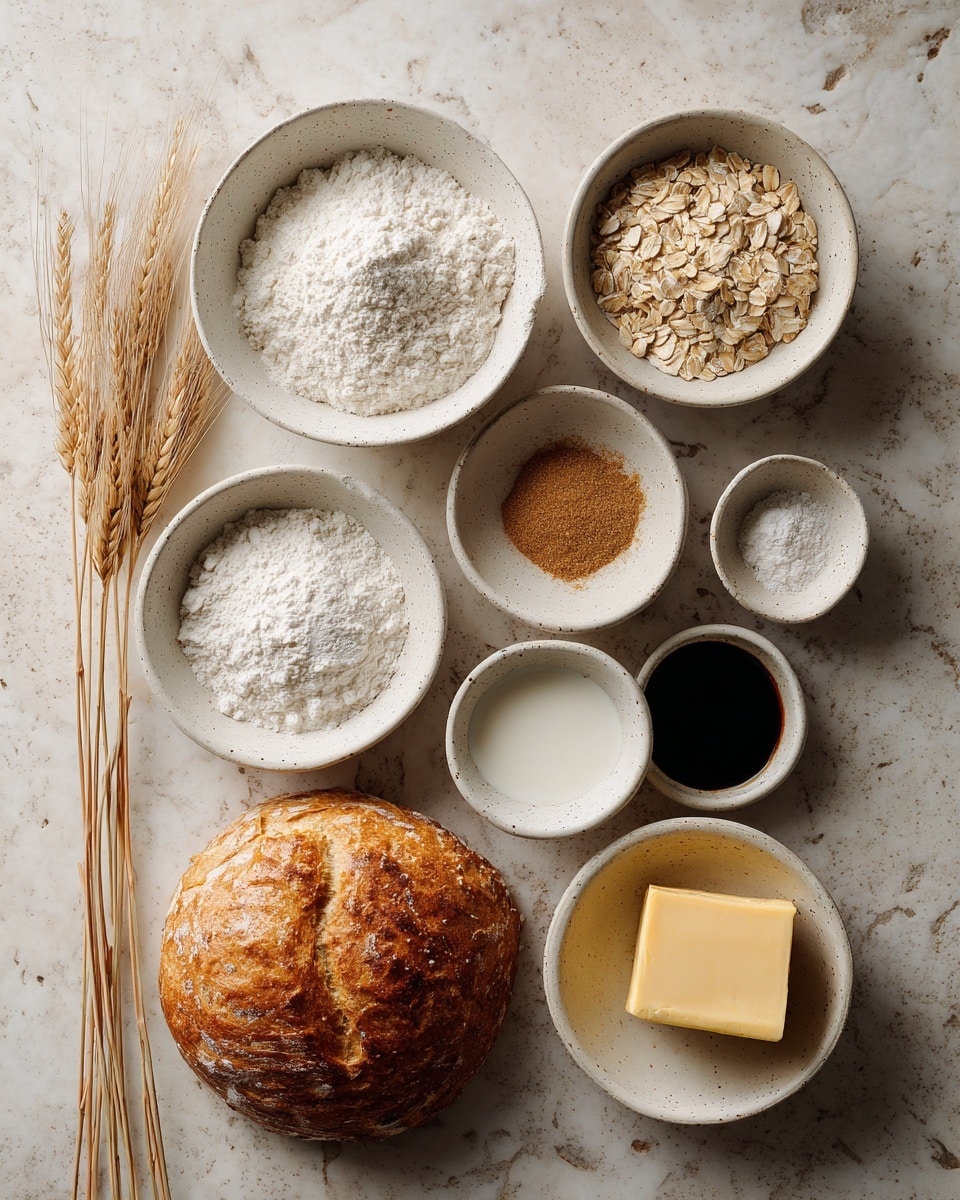 The image shows a flat lay of baking ingredients on a white marbled texture. There are nine white bowls arranged neatly: two bowls with white flour, one with rolled oats, one with a light brown powder (spices), one with a white powder (likely baking powder), one with a dark liquid (vanilla extract or similar), one with a white liquid (milk), and one with a yellow square block of butter. Beside the bowls, there are a few stalks of wheat standing upright on the left side and a golden brown round baked bread placed at the bottom left. The bowls have a rustic, slightly speckled look, and the overall scene has soft natural lighting. Photo taken with an iphone --ar 4:5 --v 7