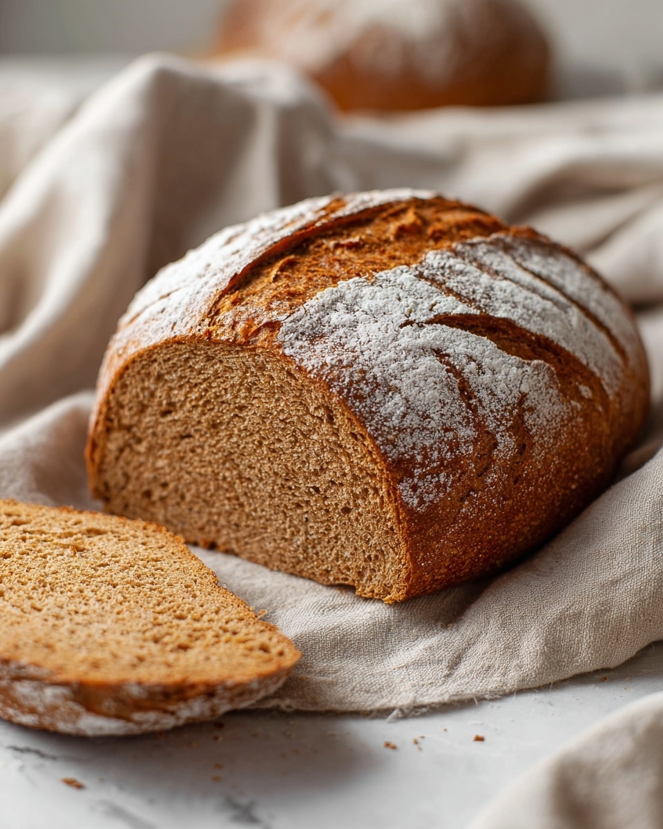 The image shows a loaf of brown bread with a rough, crumbly texture. The loaf has a cracked crust with patches of white flour dust on top. Two slices are cut from the loaf, lying flat in front of it, revealing a dense, coarse interior with a slightly darker crust edge. The bread rests on a beige cloth that is slightly wrinkled, all placed on a white marbled surface. photo taken with an iphone --ar 4:5 --v 7