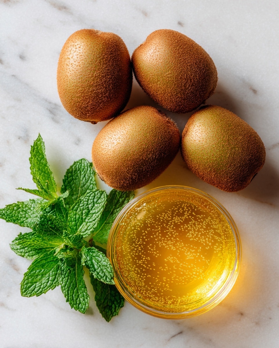 The image shows five brown fuzzy kiwis arranged closely on a white marbled surface. To the right side, there is a clear round glass bowl filled with golden honey, shining with small bubbles inside. Below the bowl, a small bunch of fresh bright green mint leaves with detailed veins lies flat on the surface. The colors create a natural and fresh look with warm brown, bright green, and golden yellow against the clean white marbled background. photo taken with an iphone --ar 4:5 --v 7