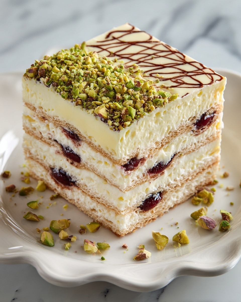 A square layered dessert sits on a white plate with a scalloped edge, placed on a white marbled surface. The dessert has around five visible layers of beige biscuit or cake, interspersed with a creamy filling mixed with thin streaks of dark red or purple jam. The top layer is decorated with a smooth cream that has a marbled pattern of brown and dark red stripes, arranged in a tidy, wavy grid. One edge of the top is covered with a generous sprinkle of chopped green pistachios, some falling onto the plate. The texture looks soft and slightly crumbly with a smooth, glossy top. Photo taken with an iphone --ar 4:5 --v 7