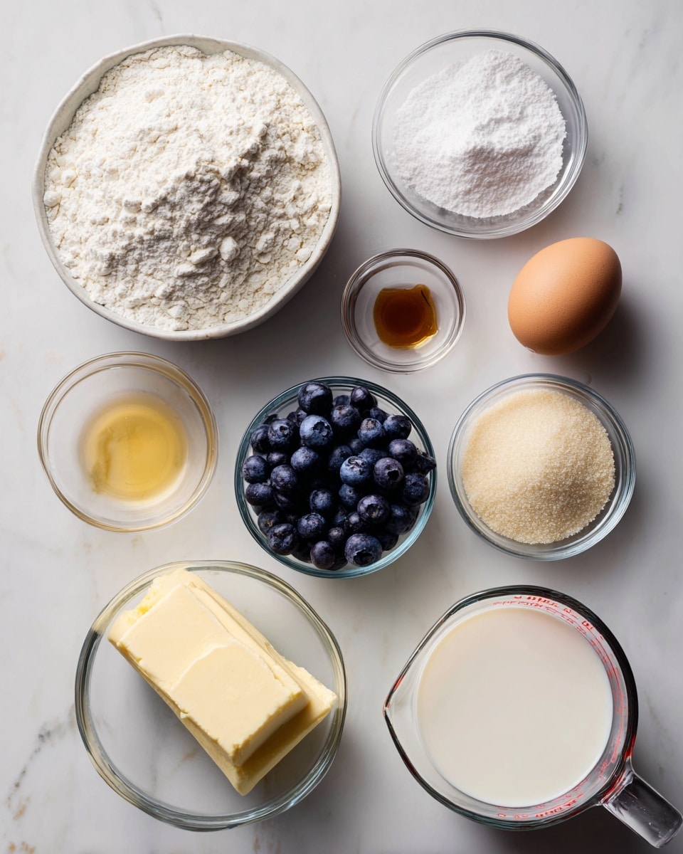 A white marbled surface holds several ingredients in clear glass bowls and a measuring cup, arranged neatly. At the top left is a large bowl filled with white flour, next to a small bowl of light brown vanilla extract, a small bowl of white salt, and a small bowl of white powder. Below the flour is one brown egg and a bowl full of small, dark blue blueberries located slightly right. Directly below the egg and flour is a bowl filled with light tan sugar crystals. Bottom left has a bowl with a pale yellow stick of butter, and at the bottom right is a clear measuring cup with white milk, showing red measurement markings. The image is bright and well-lit, photo taken with an iphone --ar 4:5 --v 7
