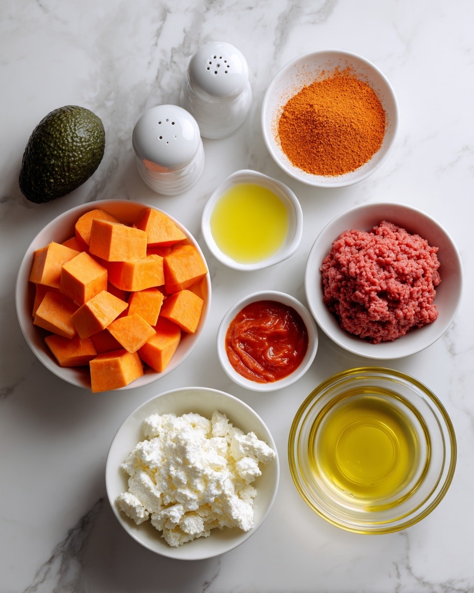 The image shows several small white bowls on a white marbled surface. One bowl holds bright orange cubes of sweet potatoes filling it well; another bowl has finely ground bright red raw ground beef. A third bowl contains a heap of orange taco seasoning powder. There is a dark green whole avocado placed nearby. Two white shakers for salt and pepper stand side by side, and small white bowls hold smooth red tomato paste, light amber hot honey, bright yellow avocado oil, and olive oil. A glass bowl contains creamy white cottage cheese with soft texture. The arrangement is neat, with vibrant colors from the sweet potatoes, beef, and various oils, set on a clean, white marbled background. Photo taken with an iphone --ar 4:5 --v 7
