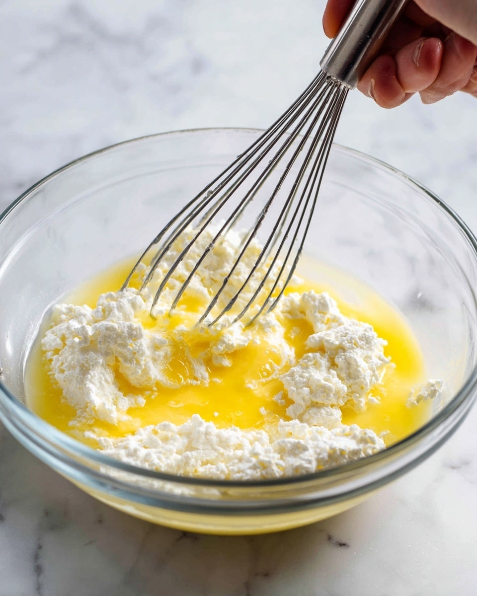 A clear glass bowl filled with a mix of white cottage cheese and yellow beaten eggs, showing some lumpy texture of the cheese and smooth egg liquid surrounding it. A silver metal whisk is moving through the mixture, with some of the mix clinging to its wires, creating small swirls and soft peaks in the liquid. The bowl sits on a white marbled surface, and a woman's hand holding the whisk is partially visible at the edge of the bowl. photo taken with an iphone --ar 4:5 --v 7