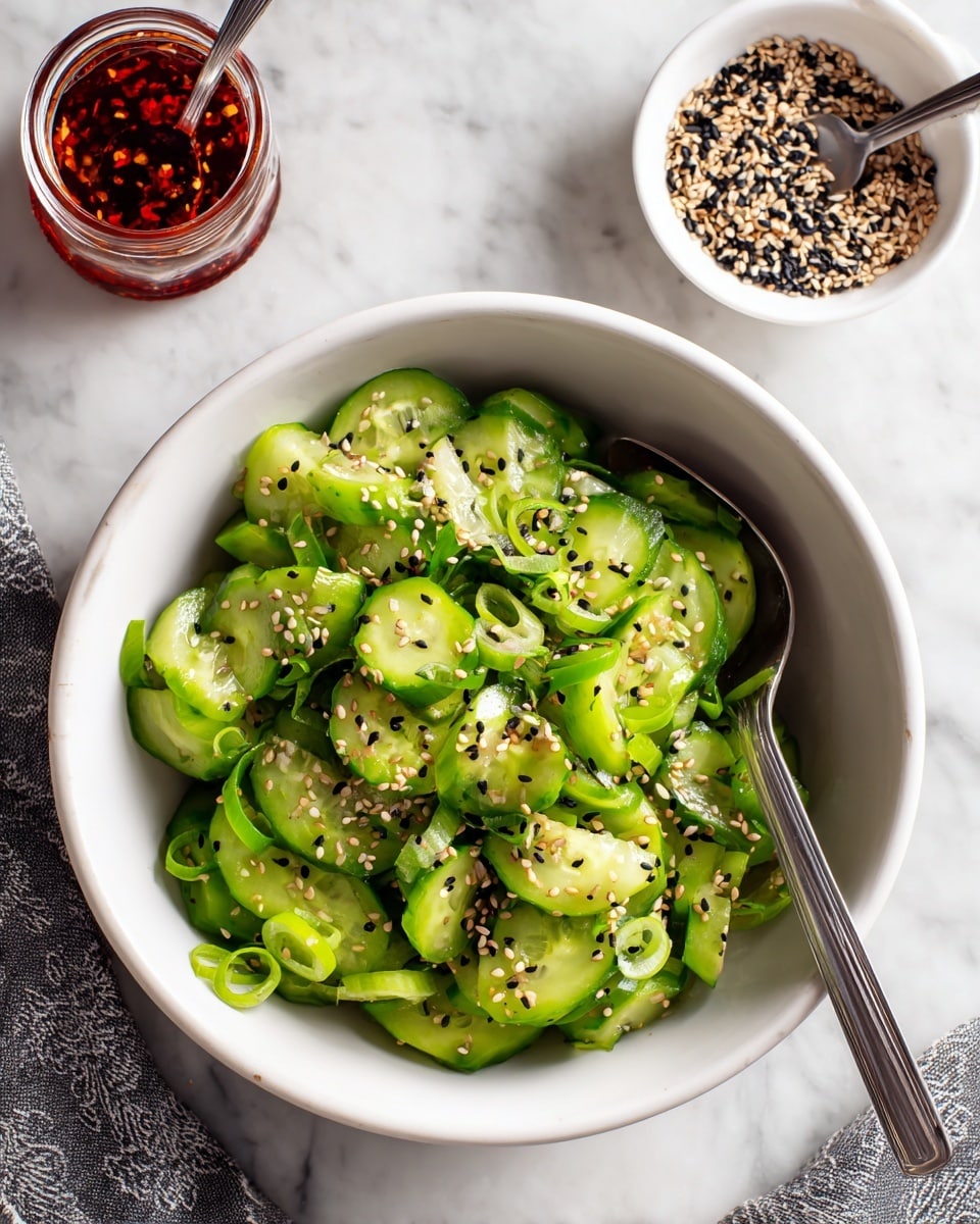 A white bowl filled with a fresh cucumber salad made of thick cucumber slices, chopped green onions, and sprinkled with black and white sesame seeds. The salad is lightly dressed, giving the cucumber pieces a slight shine. Next to the bowl, there is a small white dish holding more sesame seeds and a glass jar with reddish chili oil and a spoon inside. The bowl is placed on a white marbled surface with a textured cloth partially visible at the bottom right corner. A spoon rests in the salad inside the bowl. photo taken with an iphone --ar 4:5 --v 7