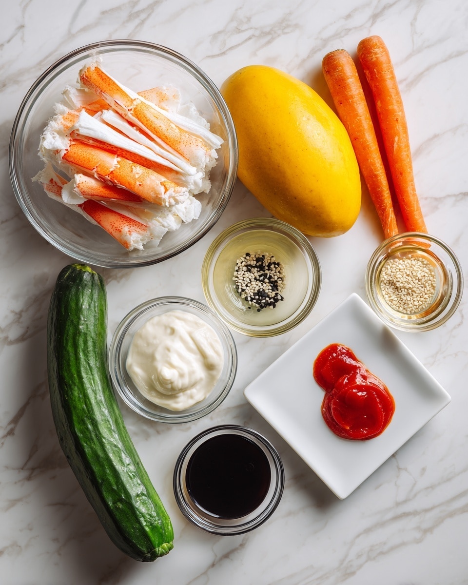 The image shows fresh ingredients neatly arranged on a white marbled surface. There is a long green cucumber placed diagonally from bottom left to center left, and above it, a bright orange carrot lying beside the cucumber. Near the center top, a round yellow mango sits with a glass bowl filled with several orange and white crab sticks in plastic wrappers to its left. Below the mango are small glass bowls containing white creamy mayo, clear liquid, and a small bowl with dark soy sauce near the bottom center. To the bottom right, there is a white square plate holding two dollops of bright red sauce and scattered black and white sesame seeds. photo taken with an iphone --ar 4:5 --v 7