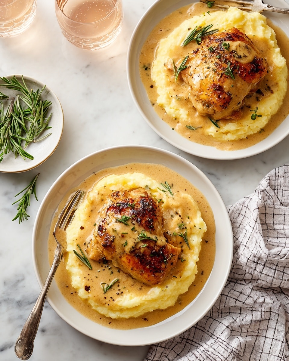 Two white plates are shown on a white marbled surface. Each plate has a base layer of smooth, creamy mashed potatoes in a pale yellow color. On top are two pieces of golden brown cooked chicken thighs with a slightly charred texture. The chicken pieces are covered with a thick, light brown gravy sauce that is also spread around the mashed potatoes. Small sprigs of fresh green rosemary are scattered over the chicken and gravy. A silver fork rests on the edge of one plate, and there are glasses with a light-colored drink and a small white bowl with more rosemary on the surface. A checkered cloth napkin is placed under the plates photo taken with an iphone --ar 4:5 --v 7
