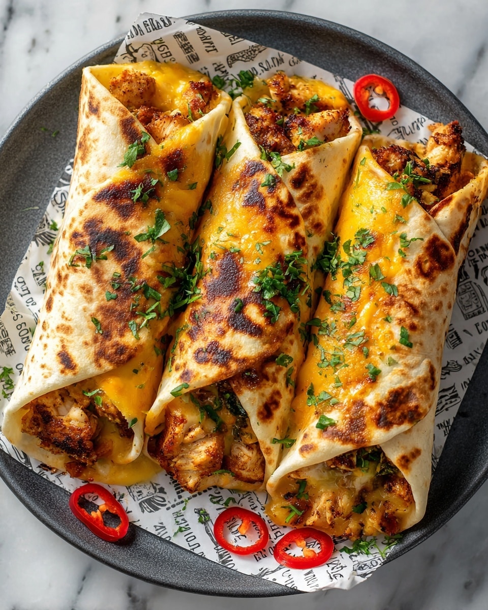 Three grilled wraps are placed side by side on a white plate, each wrap tightly rolled with a slightly charred golden-brown tortilla showing dark brown spots. The wraps are filled with visible layers of melted bright yellow cheese mixed with chunks of light-colored chicken and small bits of red chili. Green onion slices are sprinkled on top and around the wraps, adding a fresh green touch. The image is set on a white marbled surface. photo taken with an iphone --ar 4:5 --v 7