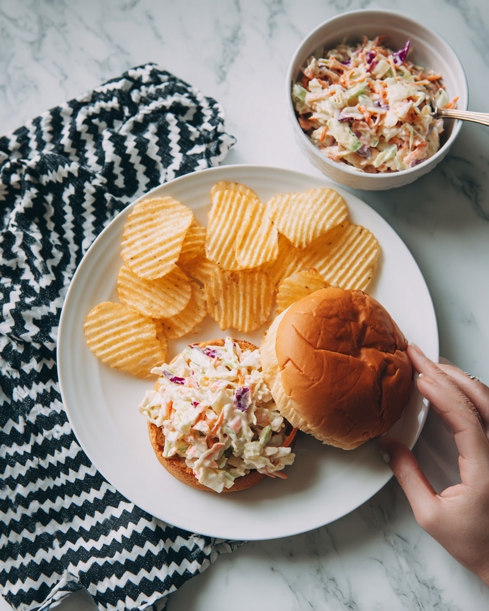 The image shows a white plate on a white marbled surface. On the plate, there is a sandwich with a golden brown bun; the bottom bun is open, revealing a layer of creamy coleslaw with visible strands of shredded cabbage and carrots mixed in a light sauce. Next to the sandwich, crinkle-cut potato chips are neatly placed, showing their ridged texture and light golden color. A small bowl with extra coleslaw is visible next to the plate, alongside a black and white chevron-patterned napkin. A woman's hand is reaching toward the bowl. Photo taken with an iphone --ar 4:5 --v 7