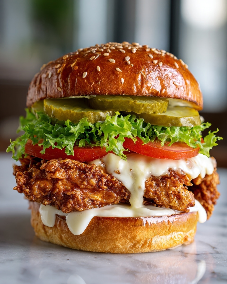 A close-up view of a sandwich with five layers stacked inside a shiny, sesame-seed-topped bun. The bottom layer is a golden-brown fried piece coated in crispy batter with a creamy white sauce dripping over it. On top, there is a layer of bright green, ruffled lettuce with a fresh and leafy texture. Above the lettuce, two red tomato slices are layered with a smooth, juicy look. At the top, several green pickles sit just below the shiny top bun. The sandwich is placed on a white marbled surface. photo taken with an iphone --ar 4:5 --v 7