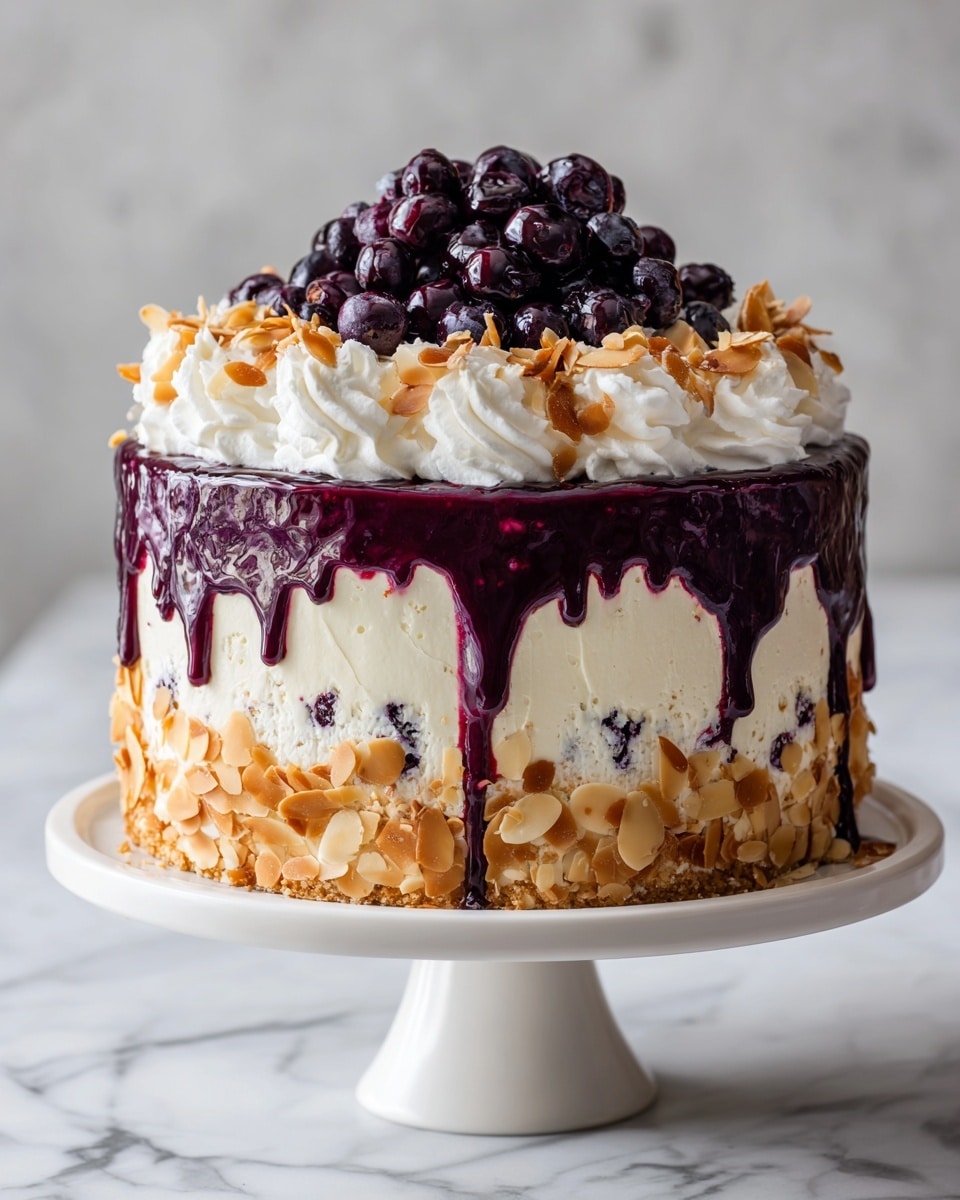 A round cake with three visible layers sits on a white cake stand on a white marble surface. The bottom layer is covered with light-colored almond slices, some scattered on the stand, showing a soft texture inside with hints of blueberries. The middle layer is creamy white, topped by a thick dark purple blueberry sauce dripping slightly down the sides. Above that is a thick layer of white whipped cream piped in soft swirls around the edge, decorated with a pile of fresh dark blue blueberries and sprinkled with toasted almond slices on top. photo taken with an iphone --ar 4:5 --v 7