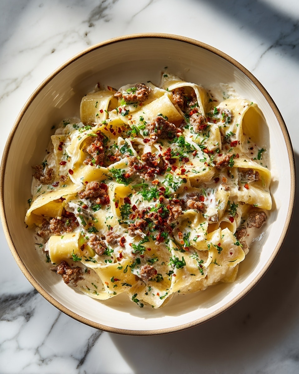 A shallow white bowl holds a dish of creamy pasta with several wide, flat noodles piled high. The pasta is coated in a thick, light cream sauce mixed with small chunks of browned meat scattered evenly through the noodles. Sprinkles of chopped green herbs and tiny bits of red pepper flakes are spread on top. The sauce has a smooth texture with a slight sheen, and there is a sprinkle of grated cheese on the topmost layer. The bowl sits on a white marbled surface, with soft natural light casting gentle shadows, highlighting the dish’s rich textures and colors. photo taken with an iphone --ar 4:5 --v 7