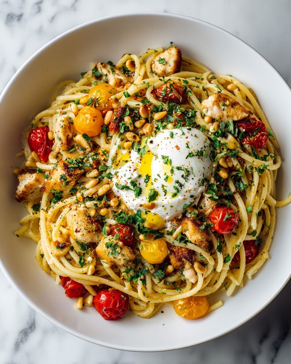A white bowl filled with thick spaghetti noodles mixed with small pieces of grilled chicken that have a light brown and slightly crispy texture. Scattered through the pasta are bright red and yellow roasted cherry tomatoes, adding vibrant pops of color. Sprinkled fresh green herbs and small toasted pine nuts are spread evenly on top, providing texture and contrast. Near the center, there is a soft white cheese dollop with a drizzle of yellow olive oil and some crushed black pepper flakes. The bowl sits on a white marbled surface photo taken with an iphone --ar 4:5 --v 7