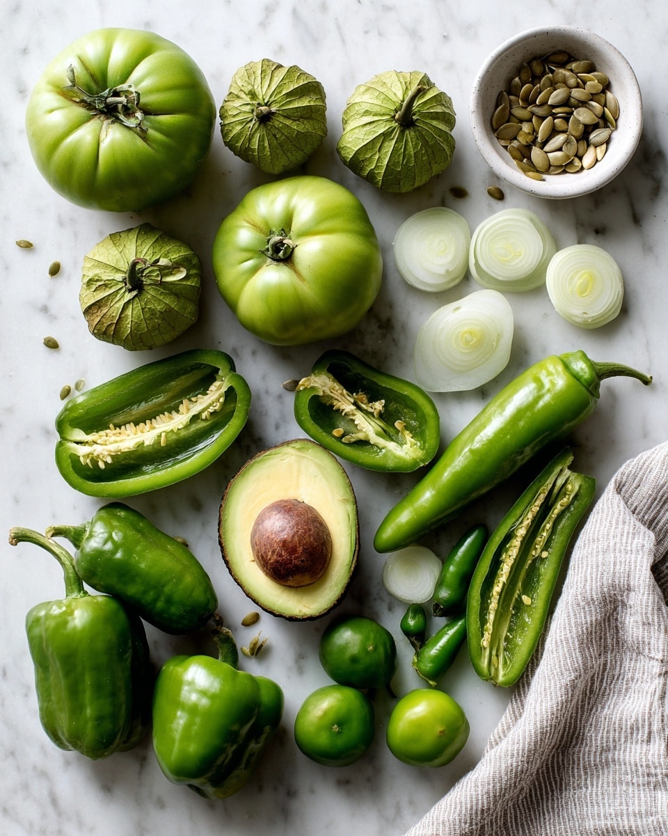 The image shows various green vegetables and fruits laid out on a white marbled surface. There are several round green tomatoes, two small green tomatillos with husks, a whole avocado cut in half showing its green flesh and large brown seed, and several green peppers of different shapes and sizes. On the right side, there are three pieces of white onion arranged in a triangle. A small white bowl at the top right corner holds light brown pumpkin seeds. A folded light grey and white kitchen towel is placed at the bottom right corner. The vegetables appear fresh and are spaced evenly across the surface. photo taken with an iphone --ar 4:5 --v 7